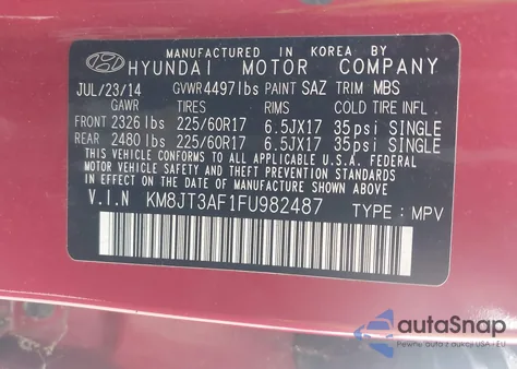 2015 Hyundai Tucson Gls z USA, uszkodzony, nr VIN KM8JT3AF1FU982487